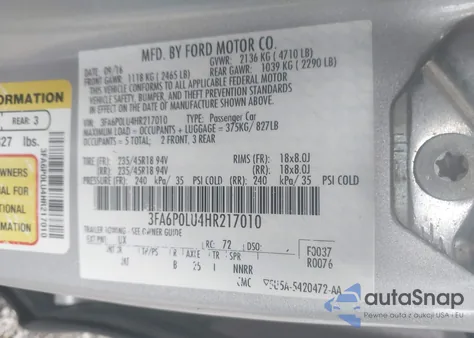 2017 Ford Fusion Hybrid Se z USA, uszkodzony, nr VIN 3FA6P0LU4HR217010